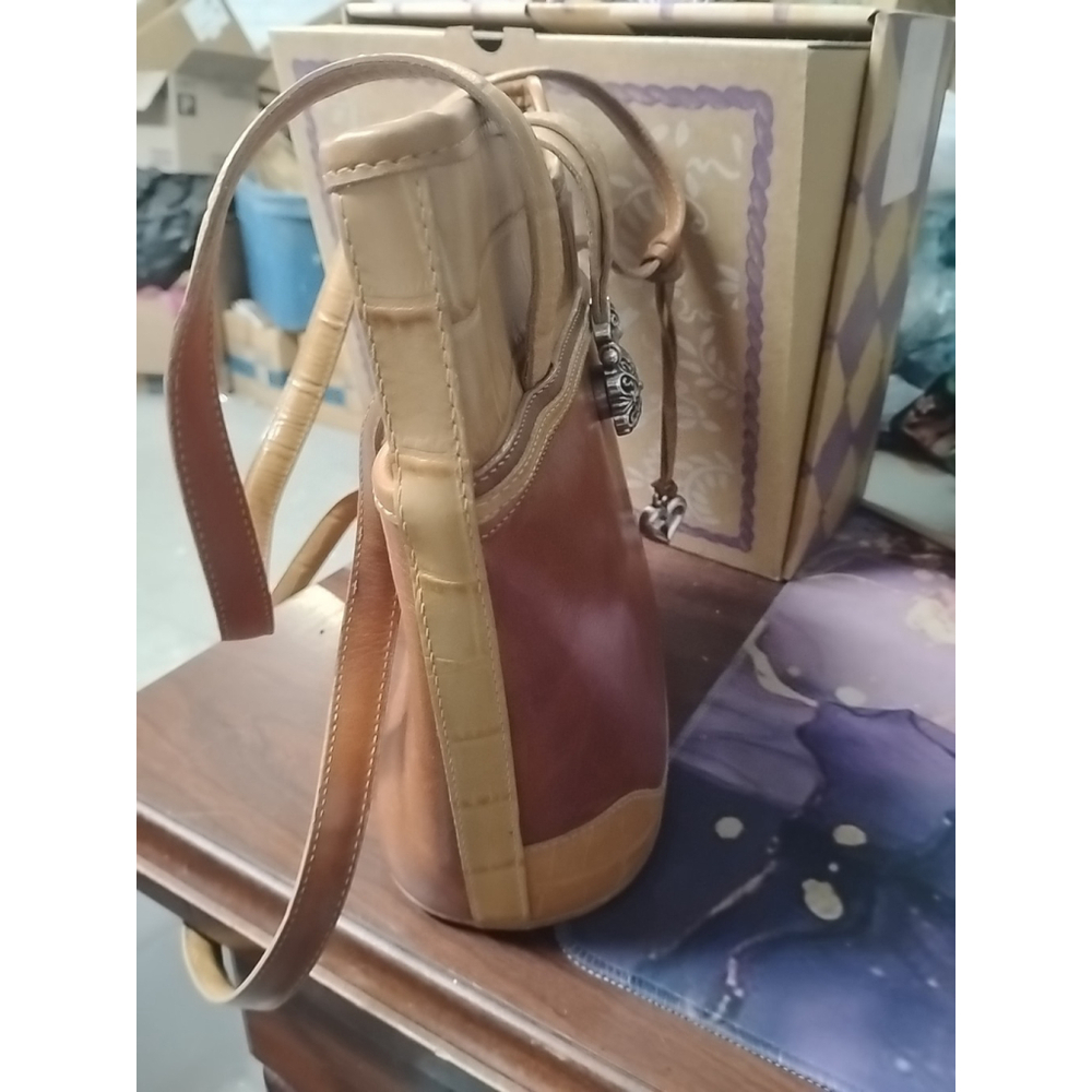 BRIGHTON Tan Cream Brown Croc Leather Bucket Shoulder Handbag Satchel Purse Bag - Picture 3 of 11